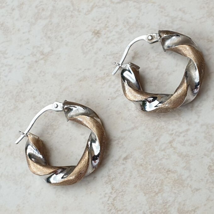 Two Colour Twisted Hoop Earrings in 9ct Gold