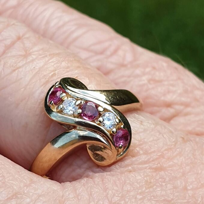 Ruby & Paste Scroll Ring in 9ct Gold.