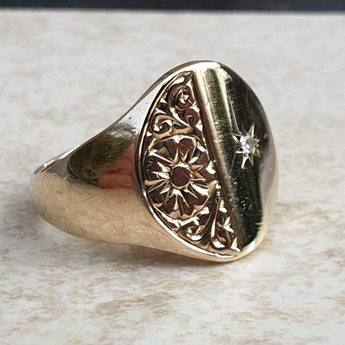 Diamond Set Engraved Signet Ring in 9ct Gold,  a UK O 1/2 or a US 7 3/4