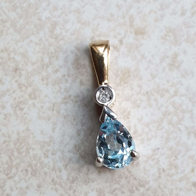 Pear Cut Aquamarine and Diamond Pendant in 9ct Gold