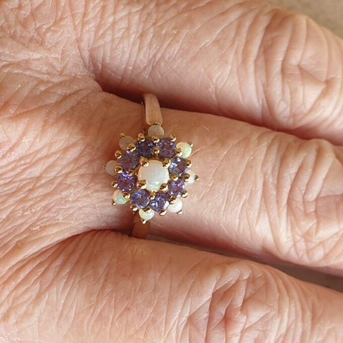 Opal and Tanzanite Cluster Ring in 9ct Gold,  a UK T 1/2 or a US 10.