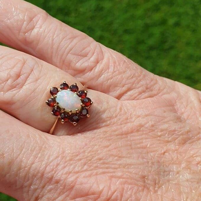 Opal and Garnet Cluster Ring in 9ct Gold.