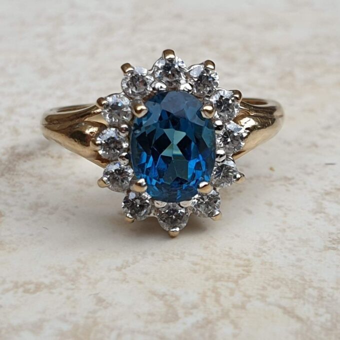 London Blue Topaz and Paste Cluster Ring in 9ct Gold,  a UK L 1/2 or a US 6 1/4.