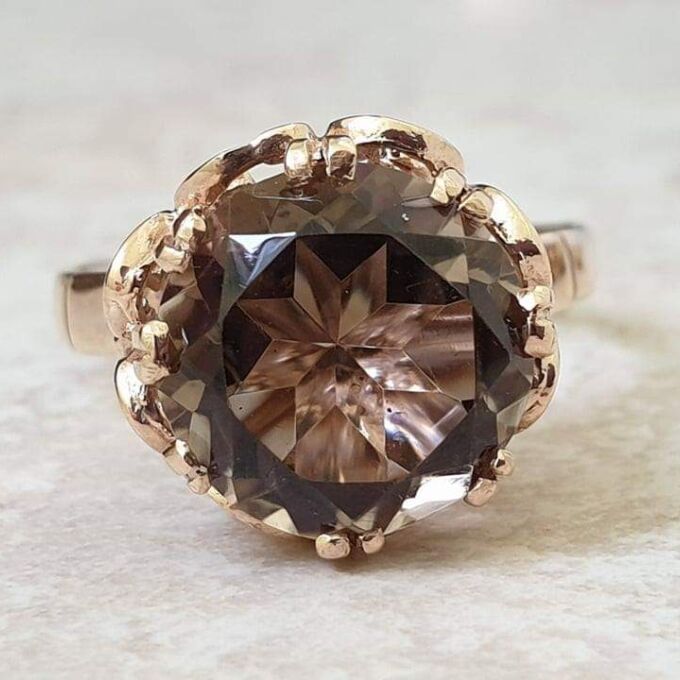Fancy Set Solitaire Smoky Quartz Ring in 9ct Gold,  a UK P or a US 7 3/4.