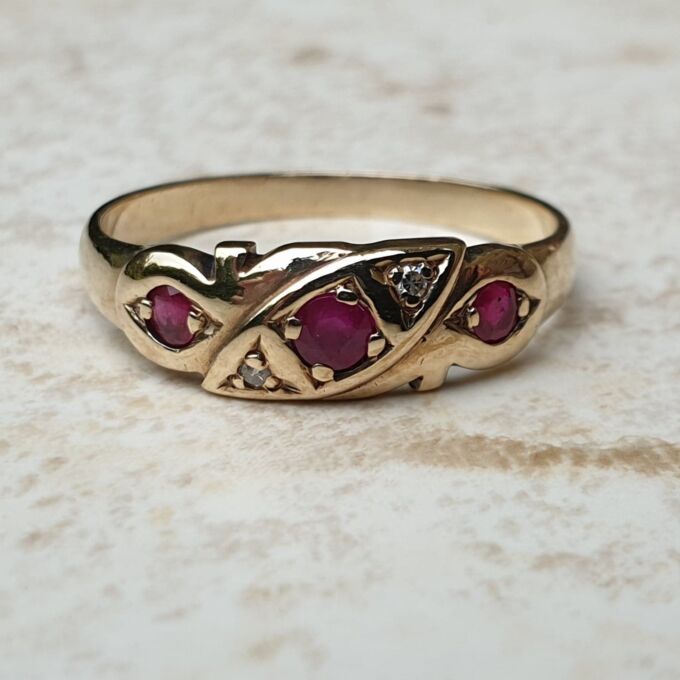 Ruby Trilogy Ring with Diamond Accents in 9ct Gold, a UK M 1/2 or a US ...