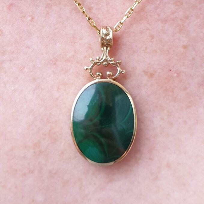 Double Sided Reversible Malachite & Jet Pendant by CWS in 9ct Gold