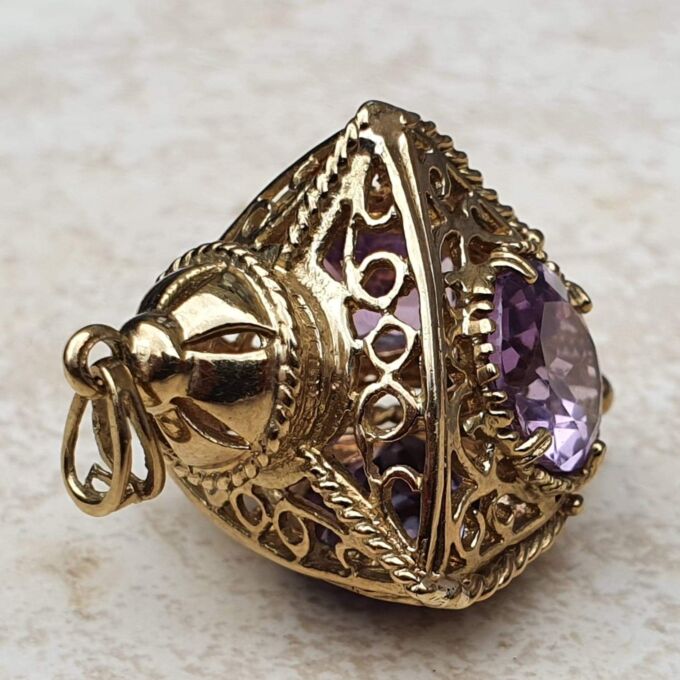 Large Three Sided Amethyst Lantern Pendant in 9ct Gold.