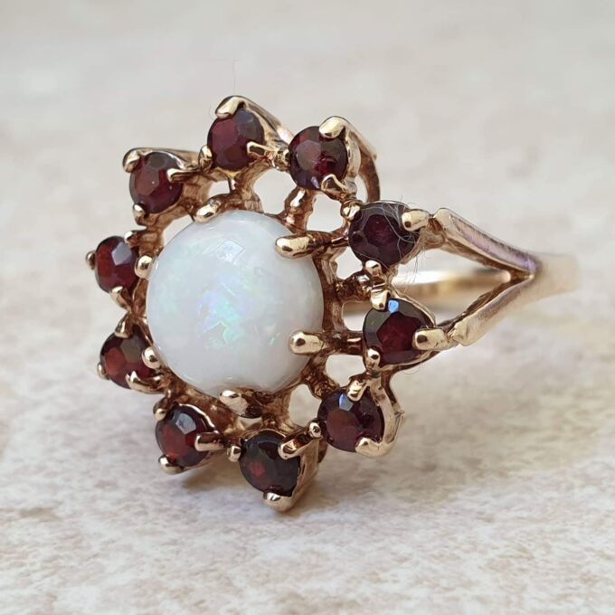 Opal and Garnet Halo Cluster Ring in 9ct Gold. - Gems Afire - Vintage ...