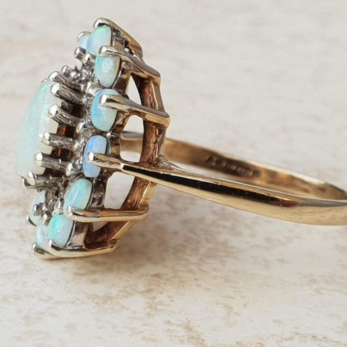 Opal and Diamond Halo Cluster Ring in 9ct Gold, a UK M or a US 6 1/2.