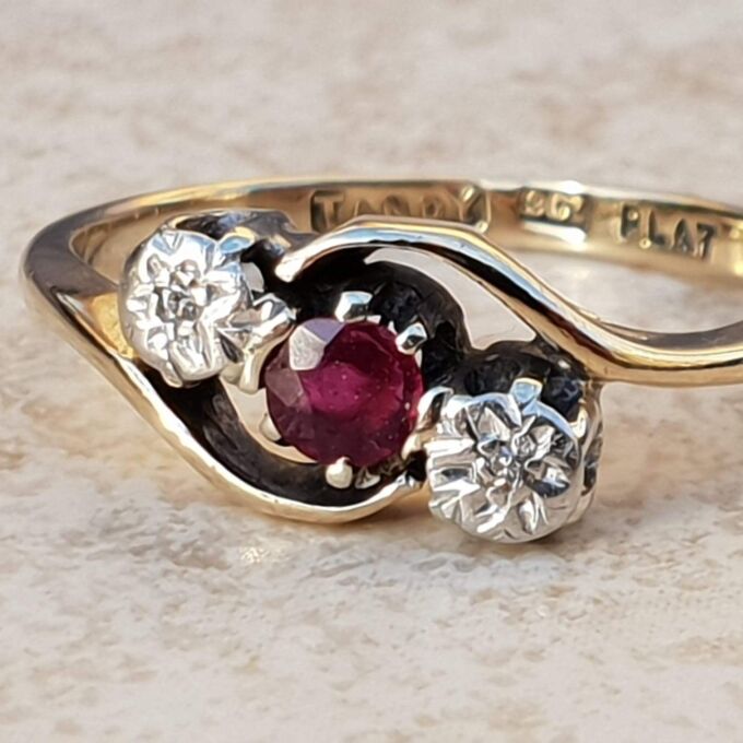 Ruby & Diamond Bypass Ring in 9ct Gold & Platinum,  a UK J 1/2 or a US 5 1/4.