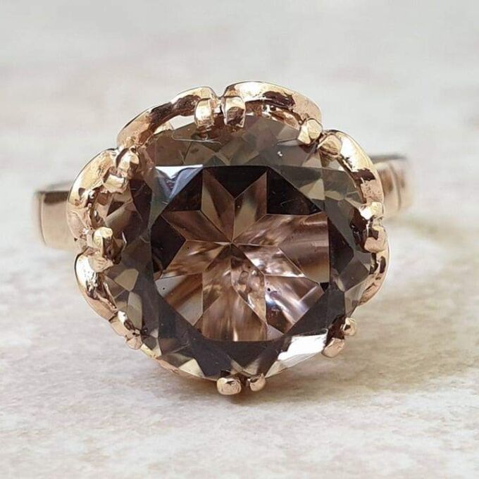 Fancy Set Solitaire Smoky Quartz Ring in 9ct Gold,  a UK P or a US 7 3/4.