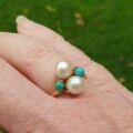 Pearl and Turquoise Bypass Ring in 9ct Gold.