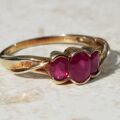 Ravishing Synthetic Ruby Three Stone Trilogy 9ct Gold Ring