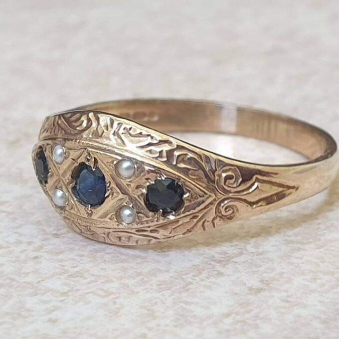 Sapphire and Seed Pearl Gypsy Ring in 9ct Gold, a UK N or a US 7