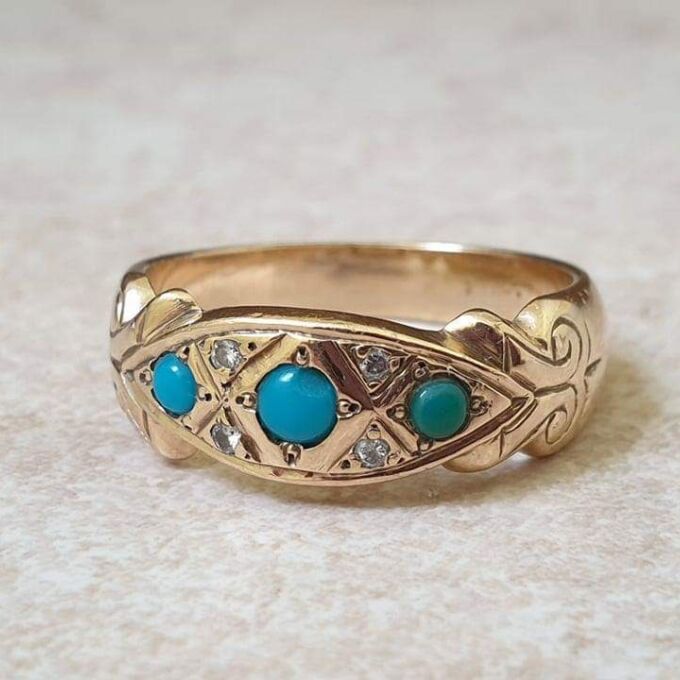 Three Stone Turquoise and Diamond Ring in 9ct Gold.