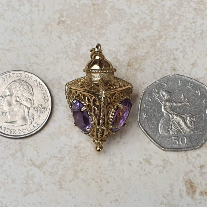 Large Three Sided Amethyst Lantern Pendant in 9ct Gold.