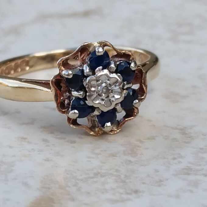 Flower Sapphire and Diamond Rose Ring in 9ct Gold, a UK J 1/2 or a US 5 1/4.