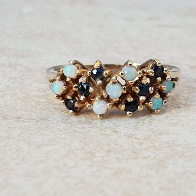 Intricate Multi Stone Opal and Sapphire Ring in 9ct Gold, a UK O or a US 7 1/4.