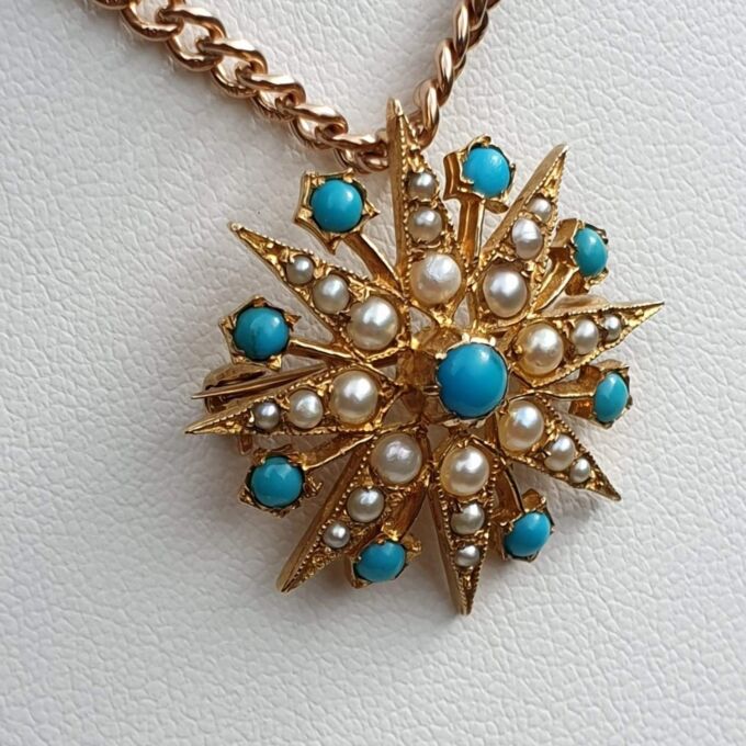 Turquoise and Pearl Star Snowflake Brooch and Pendant in 9ct Gold