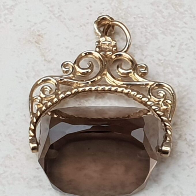 Smoky Quartz Spinning Fob Pendant in 9ct Gold