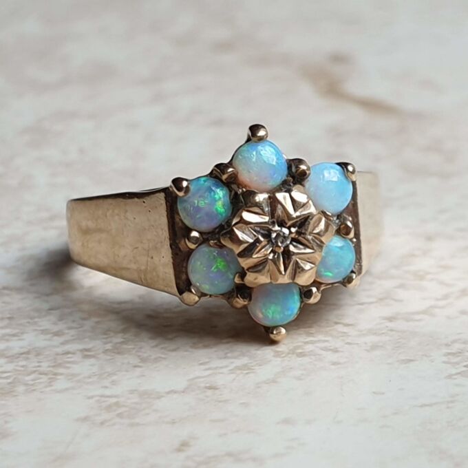 Opal and Diamond Cluster Ring in 9ct Yellow Gold, a UK M or a US 6 1/4.