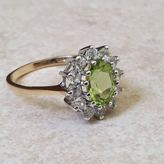 Peridot Green and White Cluster Ring in 9ct Gold. - Gems Afire ...