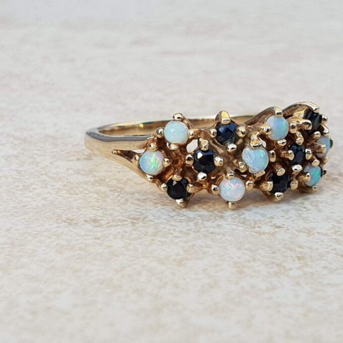 Intricate Multi Stone Opal and Sapphire Ring in 9ct Gold, a UK O or a US 7 1/4.