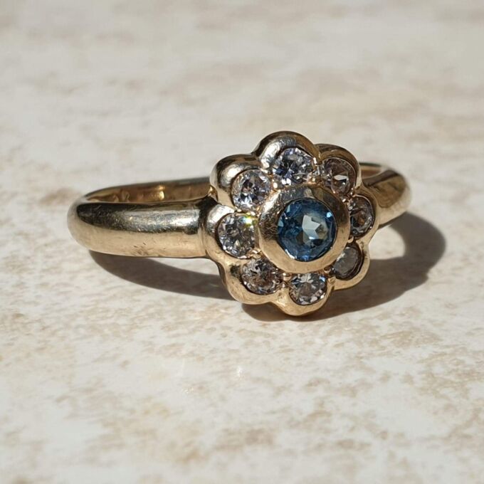 Topaz and Paste Daisy Cluster Ring in 9ct Gold,  a UK N or a US 7.