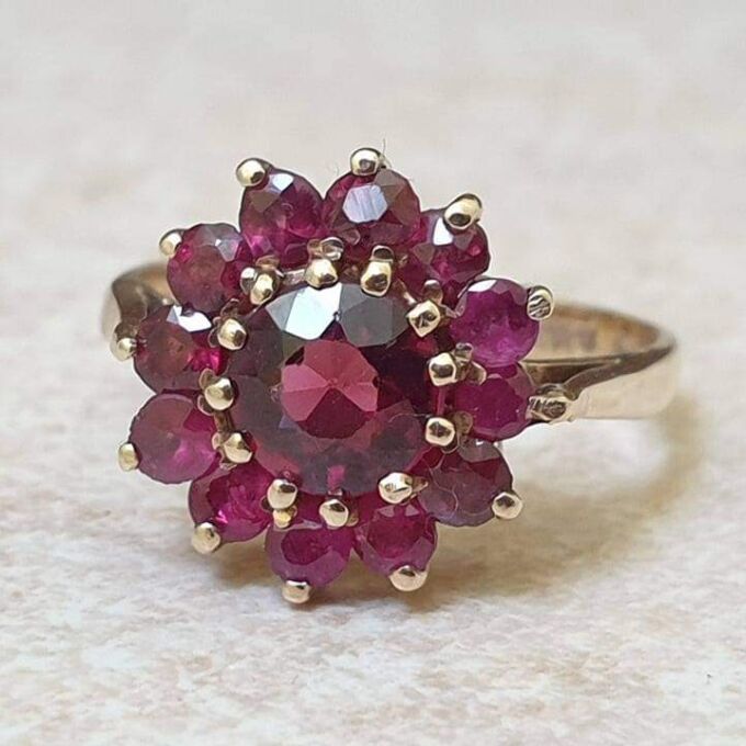 Rhodolite Garnet Cluster Ring in 9ct Gold.