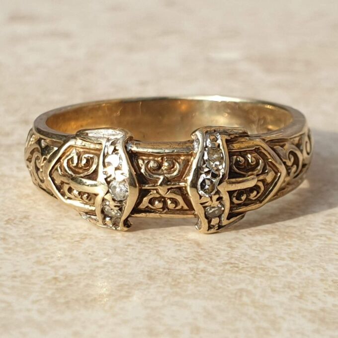 Double Buckle Diamond Set Ring in 9ct Gold,  a UK R 1/2 or a US 9 1/4.