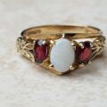 Sale – Ornate Opal and Garnet 9ct Gold Ring, a UK L 1/2 or a US 6 1/4.