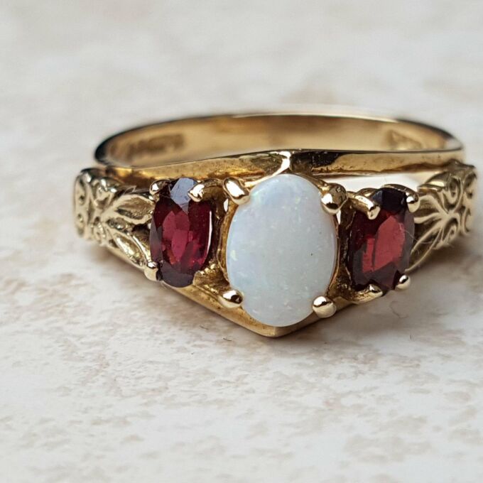 Sale – Ornate Opal and Garnet 9ct Gold Ring, a UK L 1/2 or a US 6 1/4.