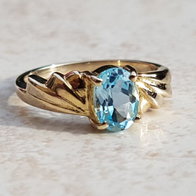 Oval Sky Blue Topaz Solitaire Ring in 9ct Gold, a UK J or a US 5.