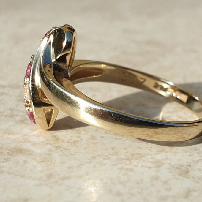 Ruby & Paste Scroll Ring in 9ct Gold.