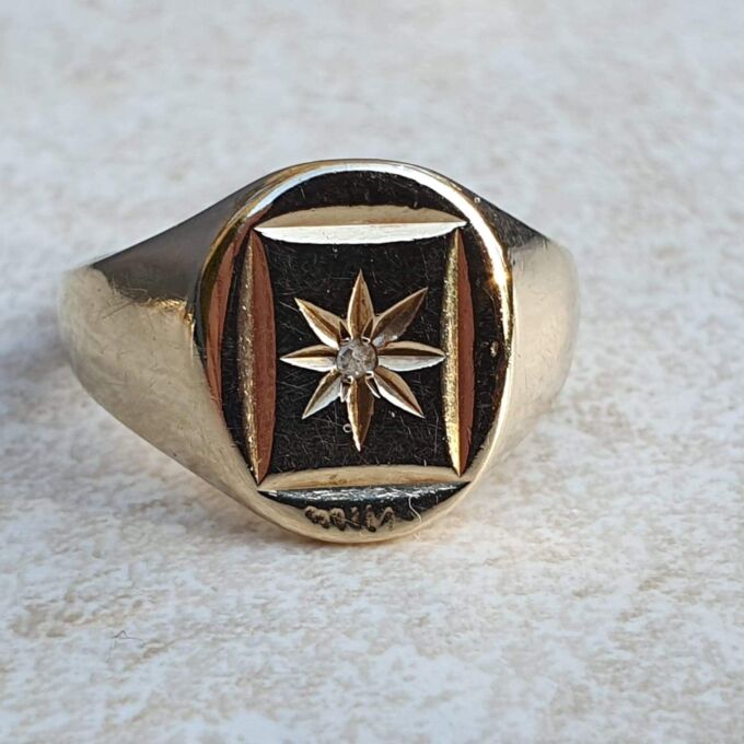 Heavy Oval Diamond Set Signet in 9ct Gold.