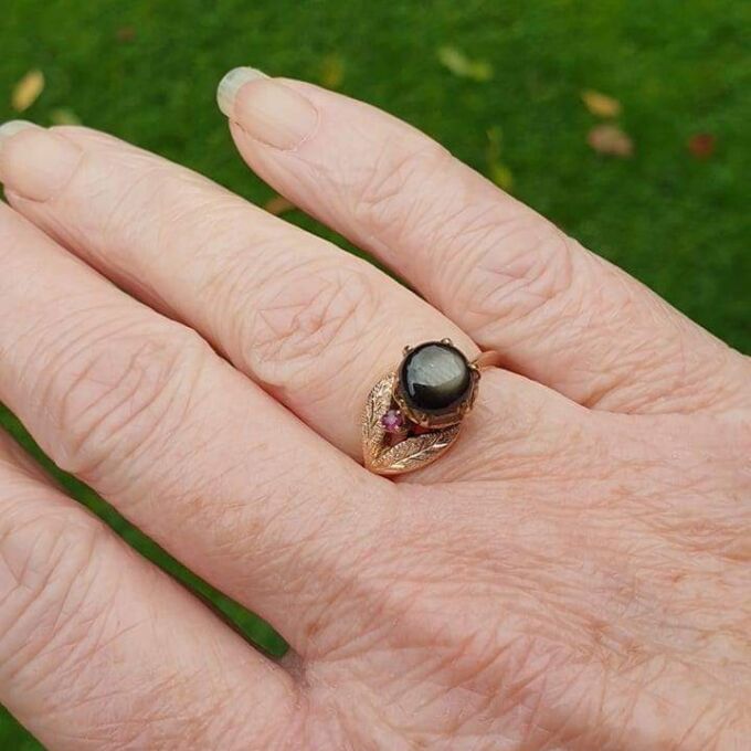 Black Synthetic Sapphire Ring with Ruby in 9ct Gold.