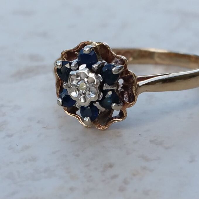 Flower Sapphire and Diamond Rose Ring in 9ct Gold, a UK J 1/2 or a US 5 1/4.