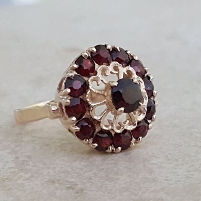 Bold Garnet Halo Cluster Ring in 9ct Gold, a UK N or a US 7.