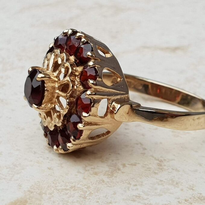 Bold Garnet Halo Cluster Ring in 9ct Gold, a UK N or a US 7.
