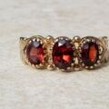 Sale – Three Stone Ornate Garnet 9ct Gold Ring, a UK M or a US 6 1/2.