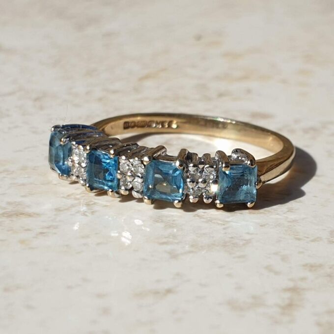 Bright Swiss Blue Topaz and Diamond Band in 9ct Gold, a UK J 1/2 or a US 5 1/4.