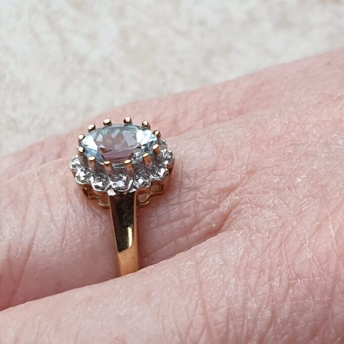 Aquamarine and Diamond Cluster Ring in 9ct Gold,  a UK M 1/2 or a US 6 3/4.