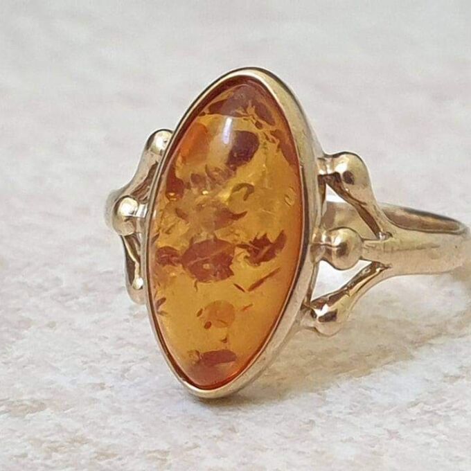 Marquise or Navette Amber Ring in 9ct Gold.