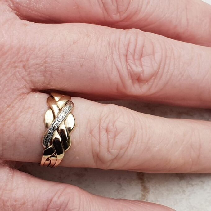 Four Piece Puzzle Ring with Diamond Accents in 9ct Gold, a UK P or a US 8.