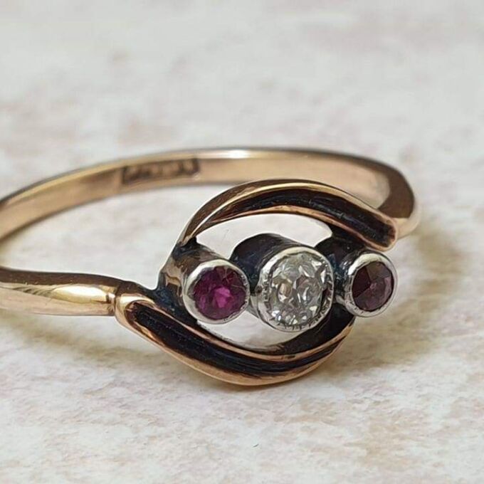 Ruby & Diamond Trilogy Crossover Bypass Ring in 18ct Gold.