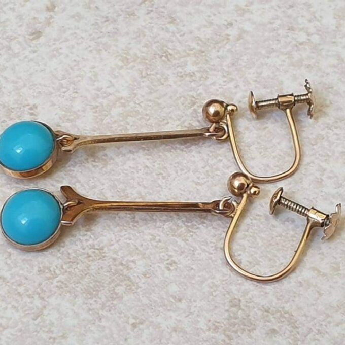 Old Turquoise Paste and 9ct Gold Screw Back Earrings.