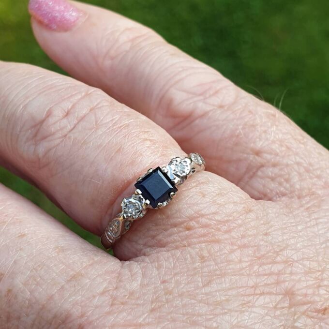 Square Princess Sapphire and Diamond Ring in 18ct Gold, a UK L 1/2 or a US 6 1/4