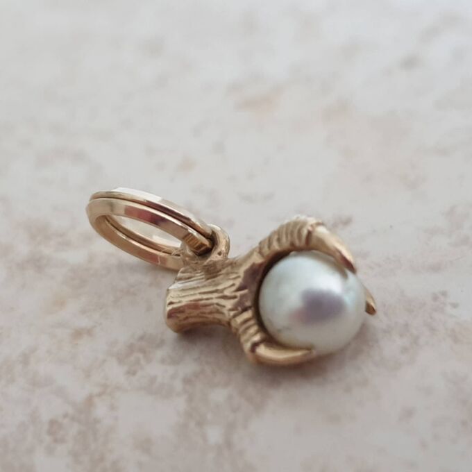 Tiny Faux Pearl Eagle Claw Pendant Charm in 9ct Gold