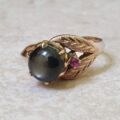 Black Synthetic Sapphire Ring with Ruby in 9ct Gold.