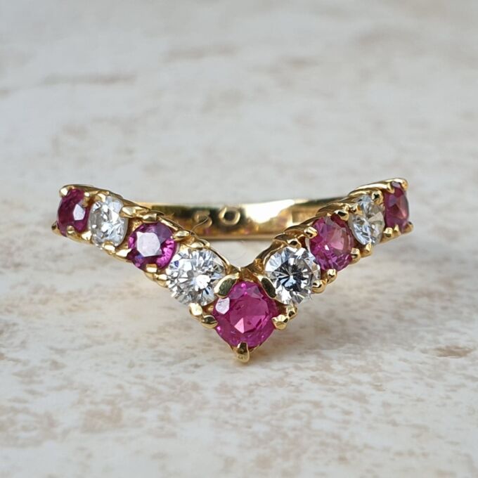 Ruby and Diamond Chevron Ring in 18ct Gold,  a UK M 1/2 or a US 6 3/4.